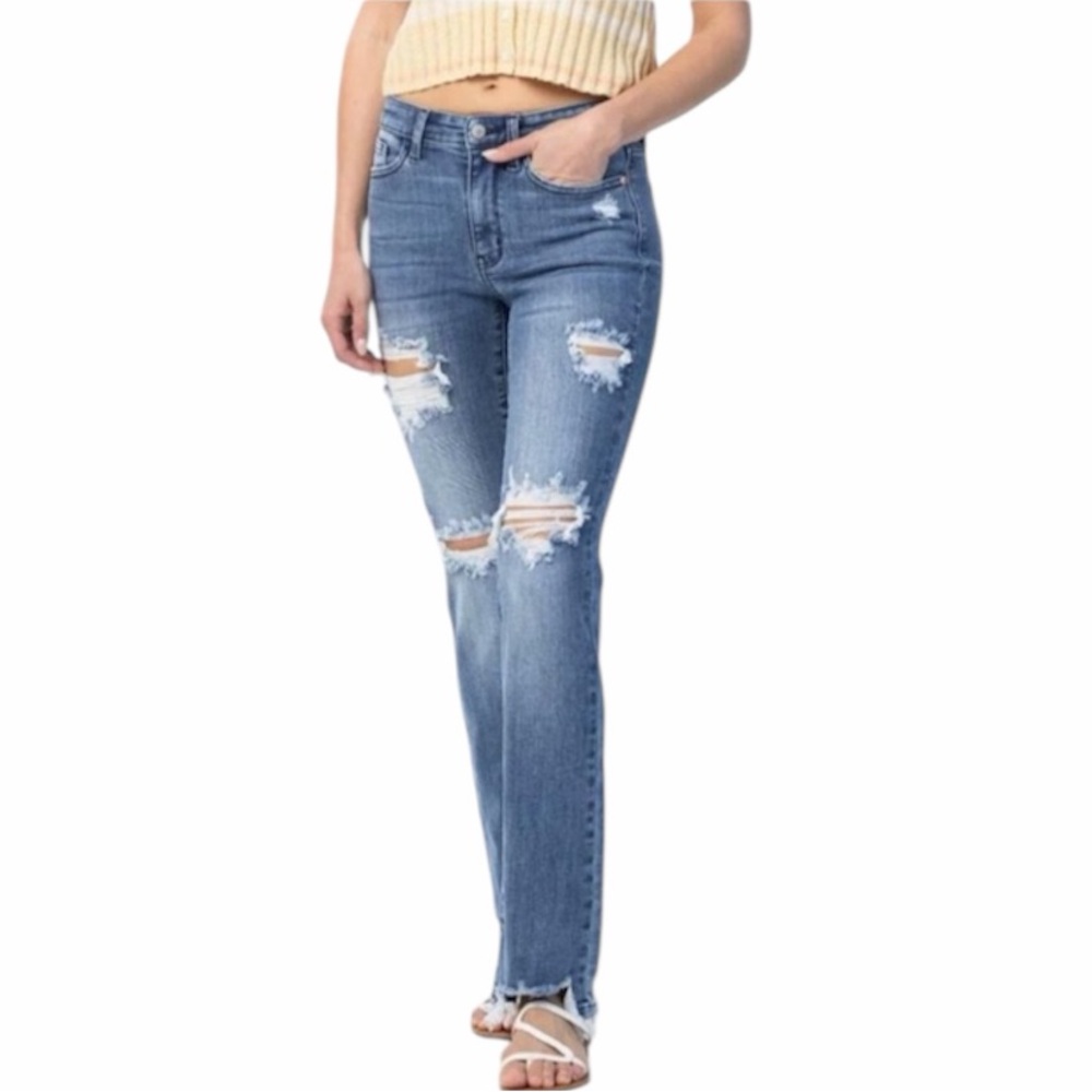 Judy Blue‎ Mid Rise Destroyed Straight Denim Jeans 82425 Size 13/31